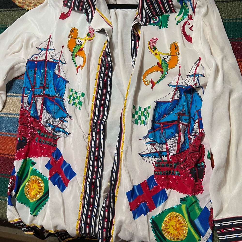 silk white button up with mermaid & ship print with sequins